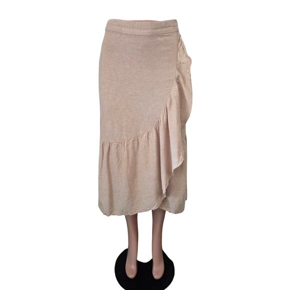 Madewell Linen-Blend Ruffle-Wrap Midi Skirt‎ Women's Size 0 Earthen Sand Neutral - Picture 1 of 7